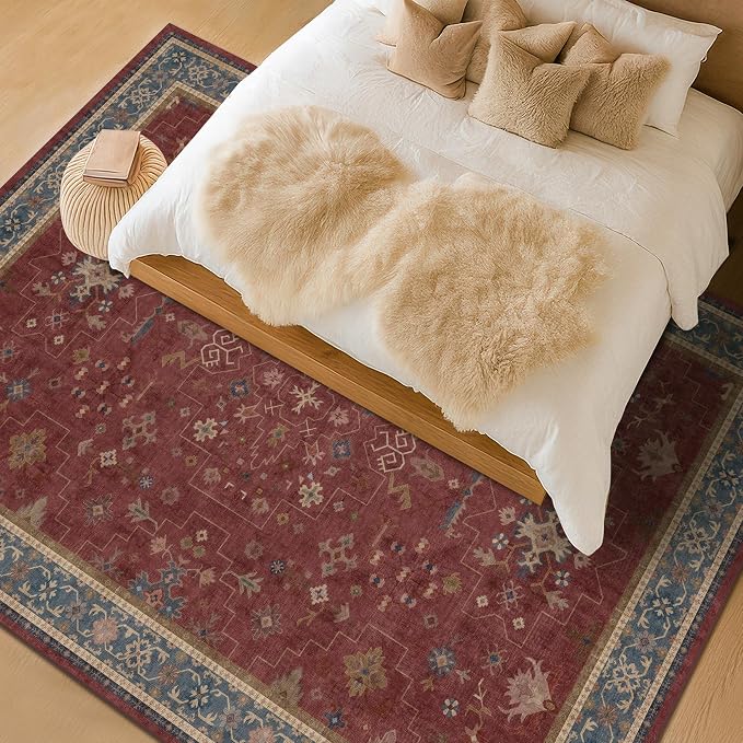 Oriental 9x12 Soft Rugs for Living Room - Dark Red Rugs for Bedroom Aesthetic, Dining Room Under Kitchen Table, Washable Soft Non Slip Large Area Vintage Décor