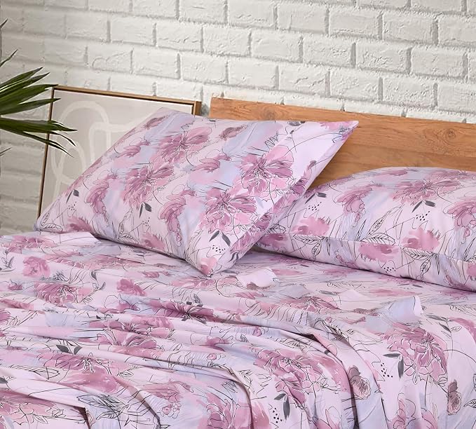 RUVANTI 100% Cotton Percale Sheets Full Size, Lilac Floral | Crisp Cooling, Deep Pocket 16", Soft Breathable & Durable, Hotel-Style, 4 Piece Set