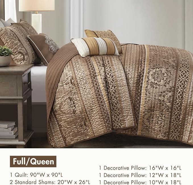 Madison Park Traditional Damask Jacquard Quilt Set, 6PC Full/Queen Coverlet | All Season, Lightweight Coverlet Bedspread Bedding Set, Matching Shams, Pillows, Brown/Gold