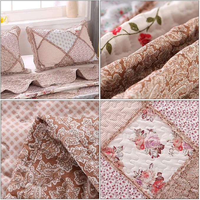 Full/Queen Size Quilt Set Pink Floral Patchwork Bedspreads Bedding Set | VIVILINEN 3-Piece Reversible Quilted Coverlet Lightweight Comforter Queen Bed Sheet Set Cover Blanket with 2 Pillow Shams