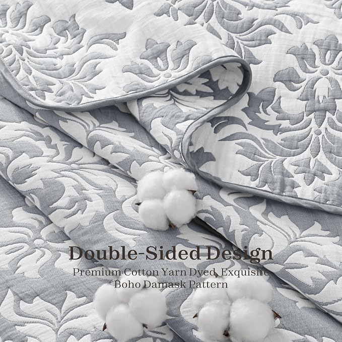 Exclusivo Mezcla Cotton Quilts King Size Grey | Soft Lightweight Bedspread, Breathable Prewashed Yarn Dyed Muslin, All Season Bedding Set, Boho Coverlet With 2 Pillow Shams