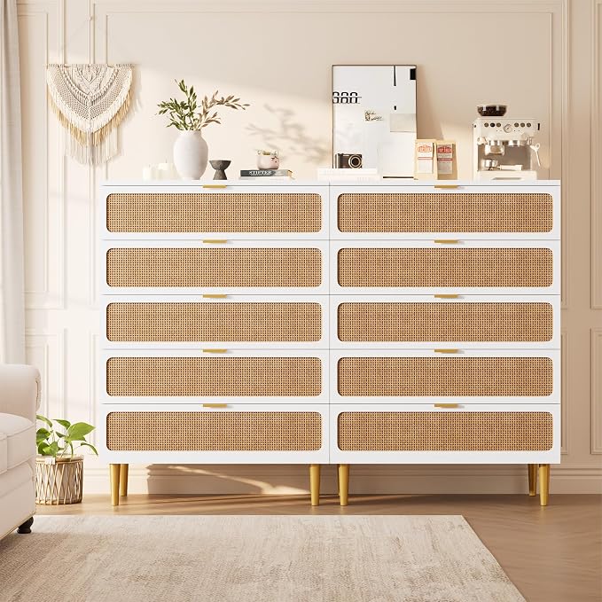 GarveeHome Rattan 5 Drawer Dressers for Bedroom, Deep Drawer, White | Tall Dresser, Wide Top, for Living Room, Hallway, Kids Room, Large Chest of Drawers for Closet, Long Wooden Dresser