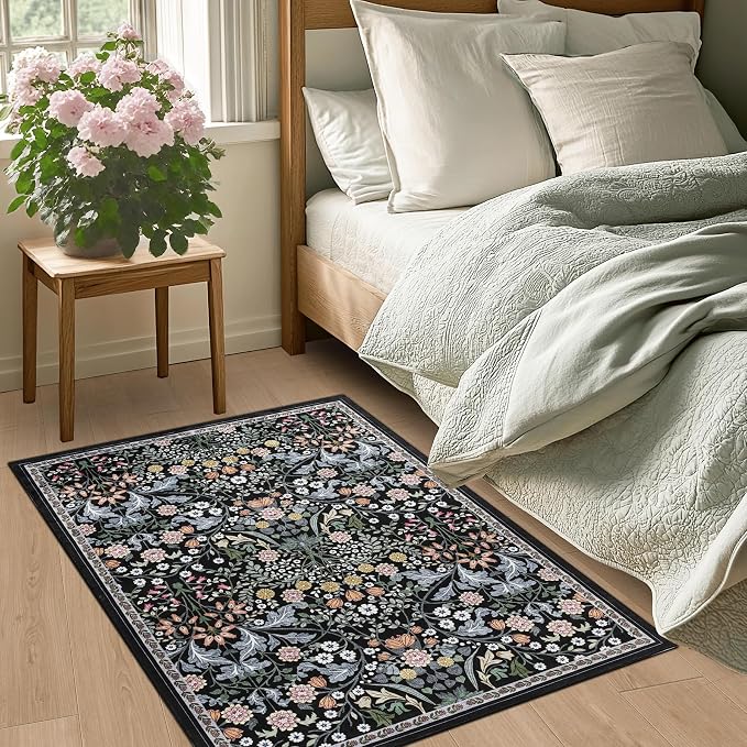 PLHXFR 2x3 Small Entryway Rug: Floral Washable Indoor Carpet Dark Black | For Entrance, Bedroom, Kitchen, Laundry, Bathroom,Door Mat,Vintage Floral,Machine washable,Non-Slip,Stain Resistant,Indoor