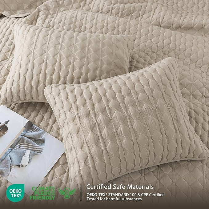 WDCOZY Oversized California Cal King Size Quilt Bedding Sets with 2 Pillow Shams, Beige Tan Cream Lightweight Soft Bedspread Coverlet Bed Cover, All Season Spring Summer, 3 Pieces, 116x106 inches
