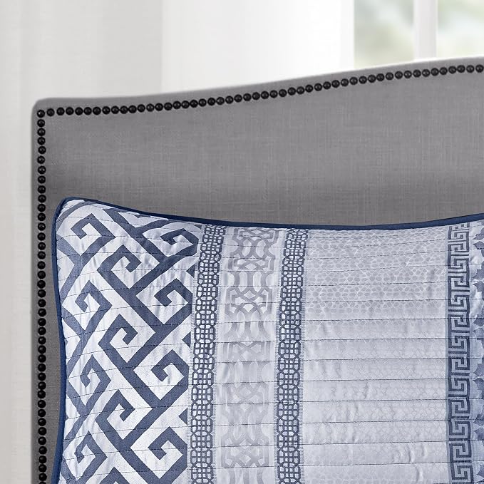 Madison Park Quilt Set Luxurious Jacquard Stripes Design - All Season, Coverlet Bedspread Lightweight Bedding Layer, Shams, Decorative Pillow, King/Cal King(104"x94"), Geometric Navy 4 Piece | All Season Bedding Set, Lightweight, Geometric, Machine Was...
