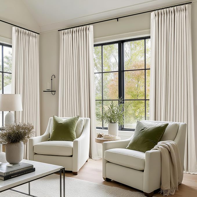 TWODRAPES Ivory Cream Linen Blackout Curtains 112 Inches Long for Bedroom | Neutral Boho, Pinch Pleated, 100% Black Out Room Darkening, Sound Dampening, Window Drapes Double Layer Natural W40xL112