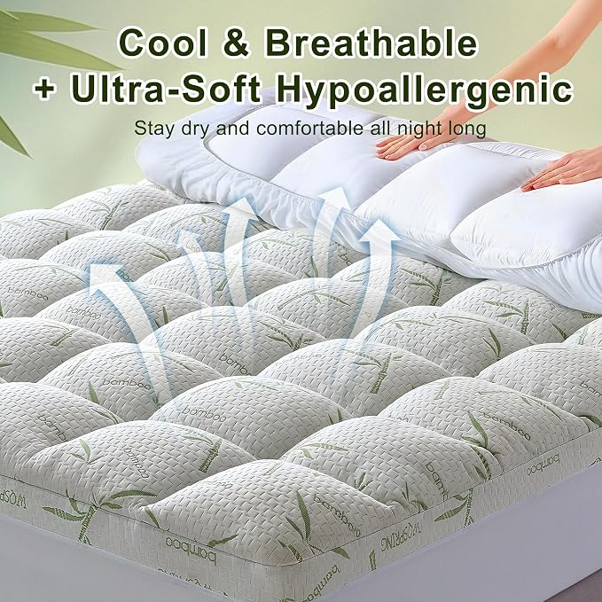 4 Inch Mattress Topper Memory Foam Cooling Bamboo King Size Back Pain | Gel Airflow Channels Wick Heat Moisture Orthopedic Support Deep Pocket 360 Edge Fits 8-21 Inch Washable Hypoallergenic King