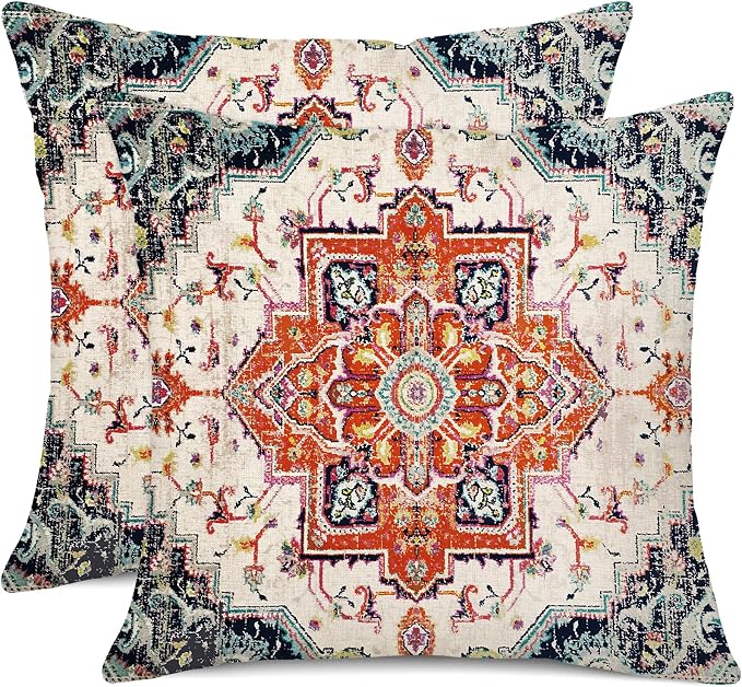 2pcs 18" x 18" Orange Bohemian Vintage Floral Waterproof Pillow Covers (Set of 2) for Indoor & Outdoor Use