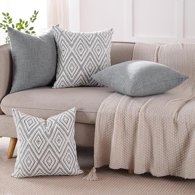 HPUK Throw Pillow Covers 18x18, Set of 4, Grey Textured Couch Pillow Covers | Polyester fabric, patterned and solid designs, hidden zippers, machine washable, for sofas and beds, inserts not included