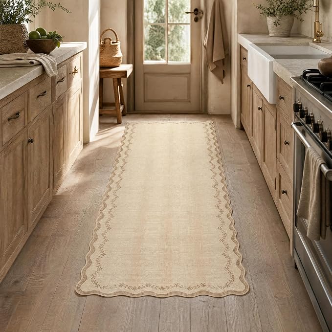 GarveeHome 2.5x10 Scalloped Washable Runner Rug Long Hallway Kitchen Rug | Soft Brown Hall Runner Non Slip Entryway Rug Farmhouse Thin Laundry Mat Stain Resistant Carpet for Bathroom Beside Rug