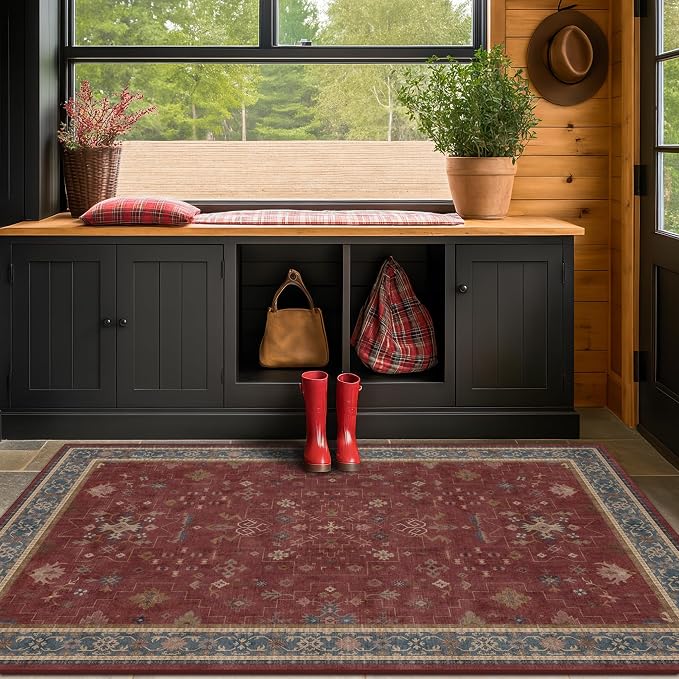 Washable 3x4 Rugs for Entryway - Burgundy Large Kitchen Rug, Non Slip Inside Door Mats for Home Entrance, Unique Bohemian Red Low Pile Thin Carpet for Bedroom Bedside, Foyer