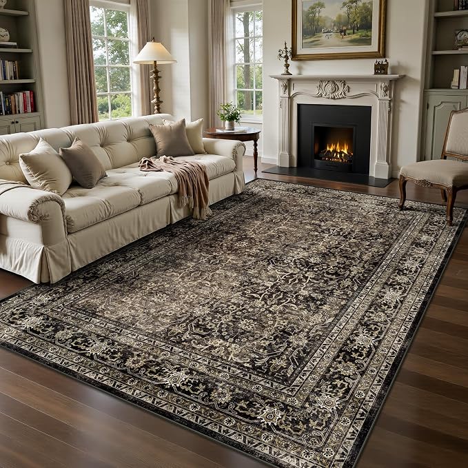 5x7 Area Rugs - Washable Vintage Retro Living Room Rug, Soft Ultra Thin Non Slip Low Pile Traditional Distressed Boho Carpet for Bedroom Dining Room Nursery Home Office, Brown