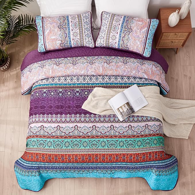 WONGS BEDDING Purple Quilt Queen Size, Boho Stripe Bedding Set, 96"x90" | Lightweight Soft Bedspread Coverlet,Modern Style Bohemian Pattern Bed Cover for All Seasons,3 Piece(1 Quilt,2 Pillow Shams)