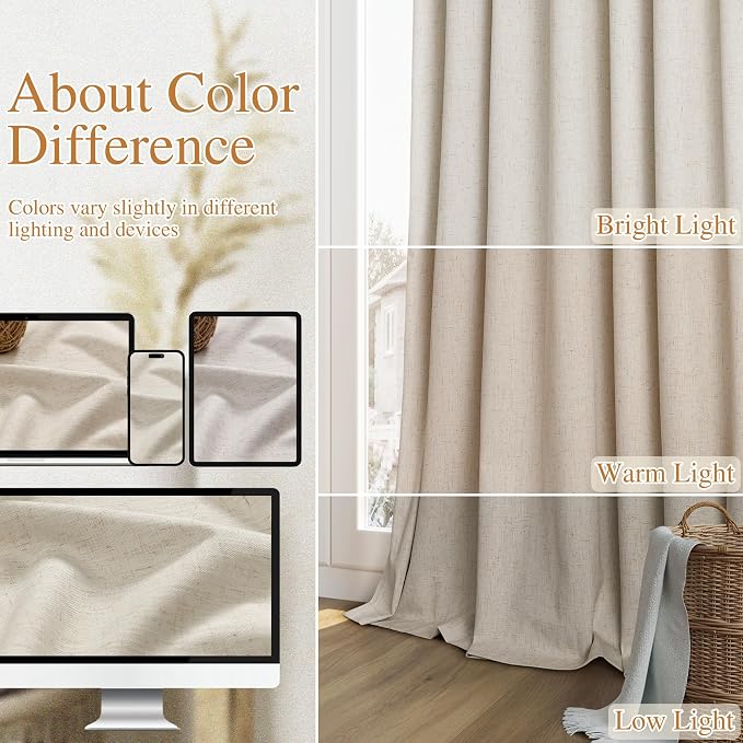 Extra Long 100% Blackout Linen Curtains for Bedroom 108 inches Long, Thermal Insulated Room Darkening Black Out Drapes for Living Room, Back Tab Rod Pocket 2 Panels Set,Taupe Burlywood,52x108