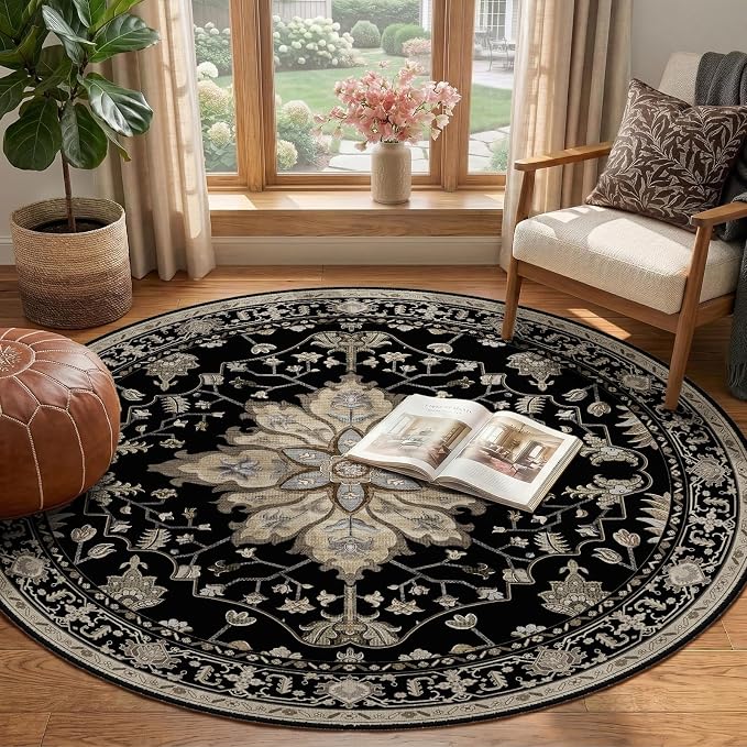 RELEANY Washable Area Rug, Round 4ft, Black/Neutral | Non-Slip, Water Repellent, Pet Friendly, Easy to Clean, Vintage Floral Boho Decor for Living Room Bedroom Dining Room Entry