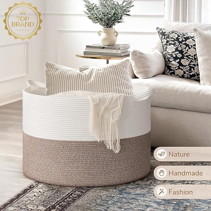 INDRESSME 115L Extra Large Woven Rope Blanket Basket Living Room, Brown | 23.6" x 15.7" Storage baskets for toys laundry & pillows. Fits living room, bedroom or nursery décor. Soft-touch with handles