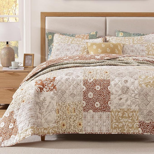 Twin Quilt Set-2 Pieces Soft Twin Bedspread Floral Patchwork Quilt | Lightweight Terracotta Quilt, Reversible Vintage Floral Bedding Set, All Season Bed Coverlet with 1 Pillow Sham, 66"x92"