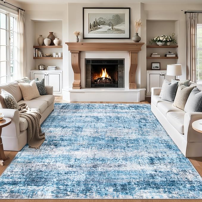 PLHXFR 8x10 Area Rug Living Room: Modern Abstract Washable Carpet Blue | For Bedroom Dining Room Farmhouse Nursery Home,Machine washable,Non Slip,Large Soft Neutral,Stain Resistant, Indoor Floor