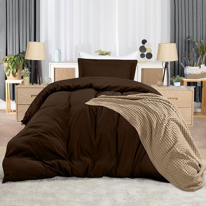 Duvet Cover Twin/Twin XL, 3 PC Cotton Like Polyester, Zipper Closure, Brown | Extra Soft and Breathable, Wrinkle & Fade Resistant, Includes Duvet Cover and 1 Pillow Sham, Comforter Not Included, OekoTex