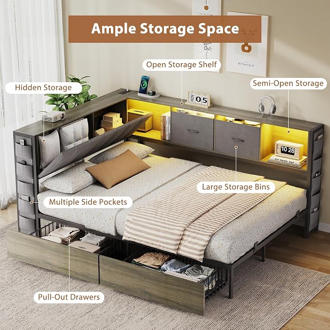 MapleGrace Full Corner Bed Frame with Upholstered Storage Headboard and Drawers, Metal Platform Bed Frame with LED Light and Charging Station, Full Daybed for Living Room, Bedroom & Guest Room, Gray