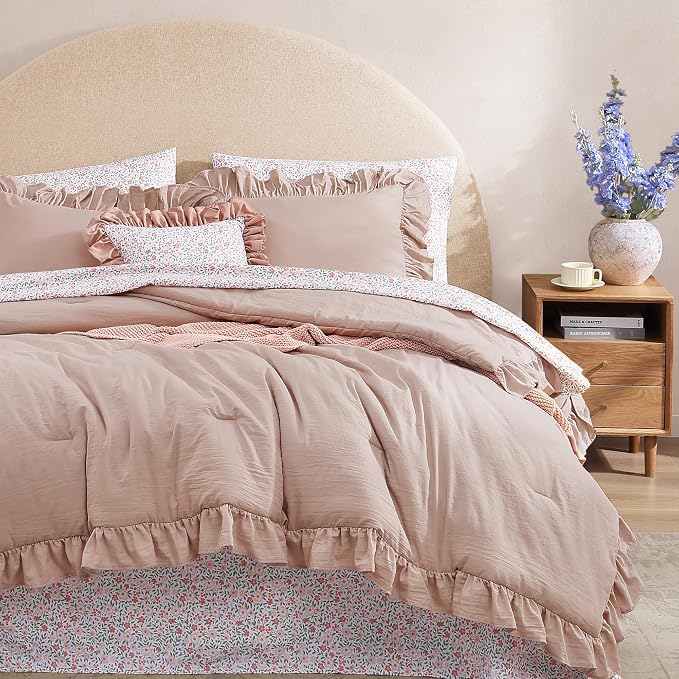 King Size Comforter Set-7 Pieces Ruffle Bedding Floral Sheet | Pink Bed in a Bag, Soft Lightweight All Season Farmhouse King Size Bedding Sets with Floral Sheets, Pillowcases & Shams