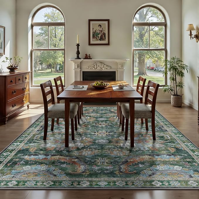 Washable Rug 6x9, Vintage Retro Soft Area Rug, Non-Slip Low Pile Rugs for Living Room, Bedroom, Dining Room, Stain Resistant Home Decor Rug (Green)