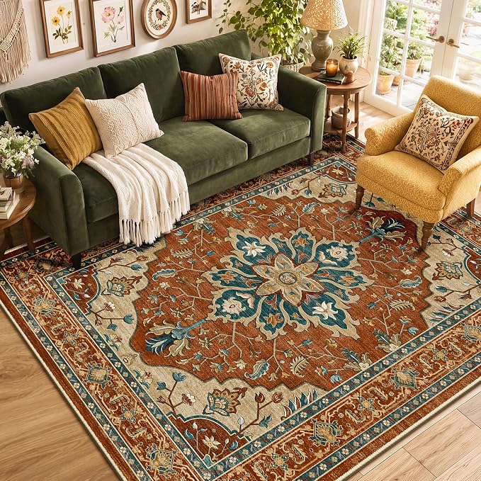 RELEANY Washable Area Rug, 6'x9', Red/Orange/Blue/Brown | Non-Slip, Water Repellent, Pet Friendly, Easy to Clean, Vintage Floral Boho Decor for Living Room Bedroom Dining Room Office