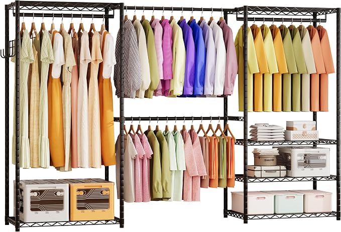 ecobedding Heavy Duty Garment Rack, 900LBS Max Load Freestanding Closet Organizer with 6 Storage Shelves & 3 Adjustable Hanging Rods, Multifunctional, Glossy Black, 15.75" D x 70-88.5" W x 76.5" H