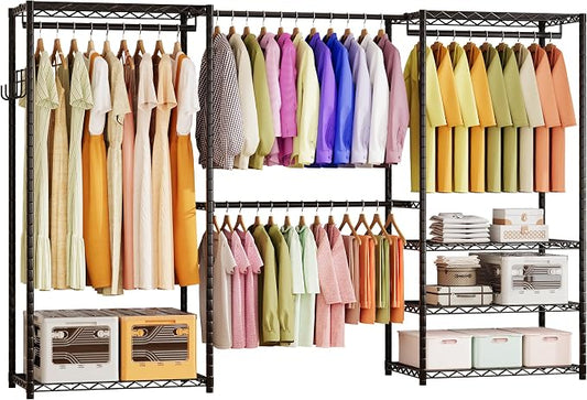 ecobedding Heavy Duty Garment Rack, 900LBS Max Load Freestanding Closet Organizer with 6 Storage Shelves & 3 Adjustable Hanging Rods, Multifunctional, Glossy Black, 15.75" D x 70-88.5" W x 76.5" H