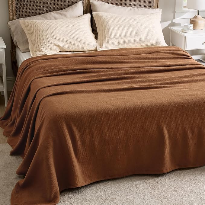 Bedsure 100% Cotton Blanket, Herringbone Weave, Queen Size, Burnt Orange | Breathable, Lightweight, Soft, Cooling for Hot Sleepers, Ideal for Summer & Fall Nights, Machine Washable, 90x90 Inches