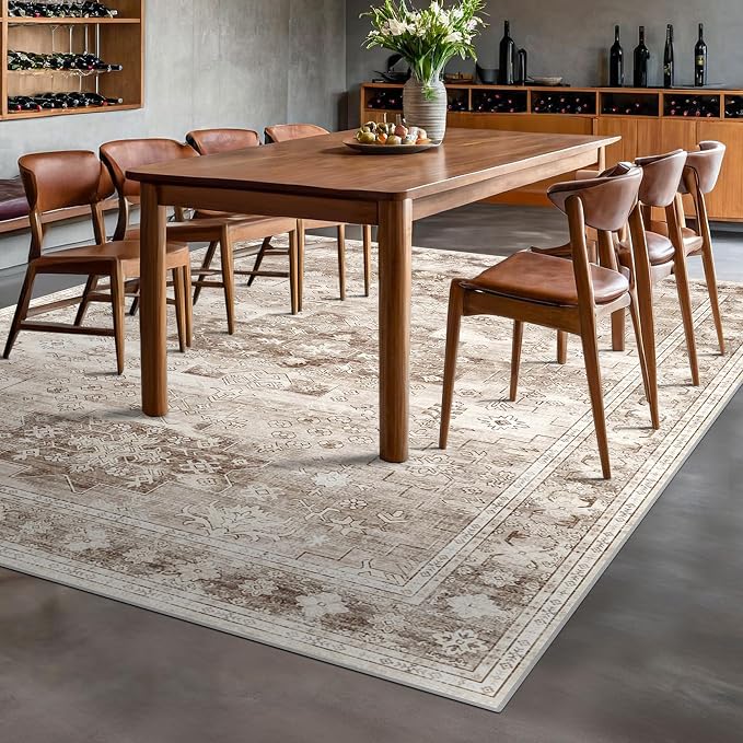 Boho 7x9 Area Rug for Living Room - Washable Beige Dining Room Rug Under the Table, Low Pile Non-Slip Rugs for Bedroom, Office - Charming Geometric Decor & Stain Resistance (7x9 Beige/Latte)