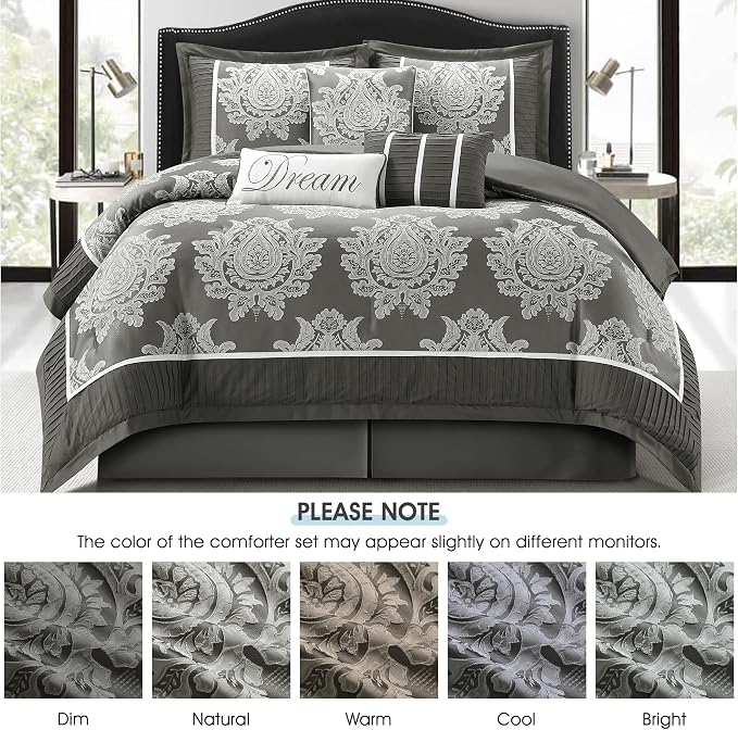 Grey King Size Comforter Set 7 Pieces, Jacquard Woven with Damask, Bedding Set in a Bag Includes Comforter, Bed Skirt, Pillow Shams, and Decorative Pillows