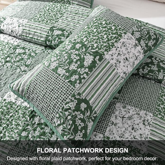 Mybedsoul Boho Quilts Queen Size, Patchwork Reversible Bedding Set, Green | Soft Lightweight Microfiber Coverlet Set, 3 Pieces Plaid Reversible Bedspread, Bed Sets for All Seasons 90"x96"
