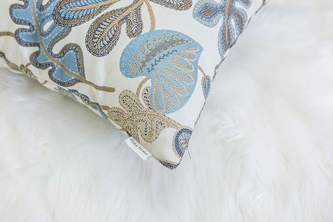 Mika Home Set of 2 Jacquard Tropical Leaf Pattern Throw Pillow Covers Decorative Pillowcase 22X22 Inches,Blue Cream