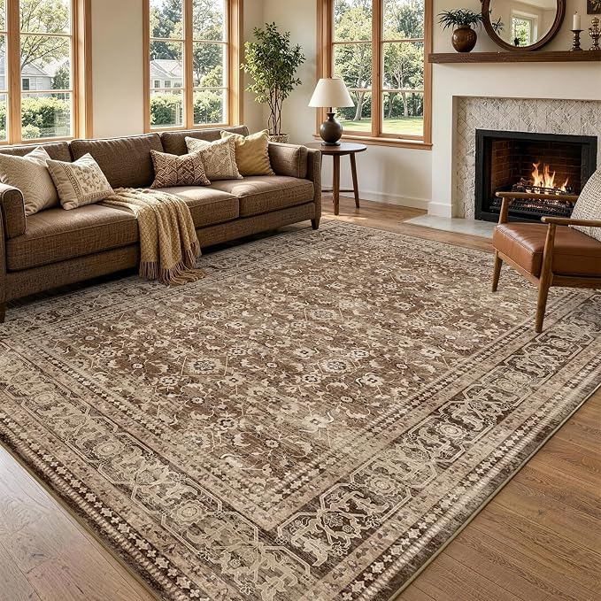 6x9 Ft Large Area Rugs for Living Room, Soft Non-Slip Machine Washable Rug, Vintage Stain Resistant Carpets for Bedroom Nursery Dining Room Home Decor (Brown)