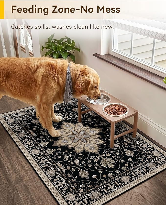 RELEANY Washable Area Rug, Small 2'x3', Black/Neutral | Non-Slip, Water Repellent, Pet Friendly, Easy to Clean, Vintage Floral Boho Decor for Kitchen Entryway Bathroom
