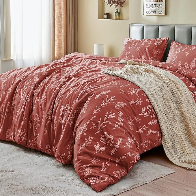 MUXHOMO Duvet Cover Queen Size, Reversible Floral Terracotta Duvet Cover Set with Zipper Closure, 3 Pieces Botanical Patterns Soft Microfiber Bedding Set with 4 Ties (90"x90", 2 Pillow Cases)