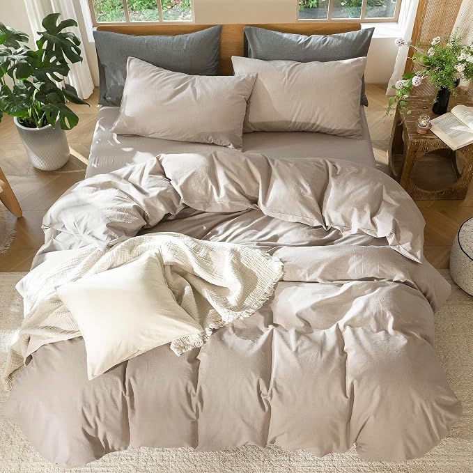 MooMee Duvet Cover Set 100% Washed Cotton Linen Like Super King | Relaxed Linen-like Texture. Soft, Breathable & Long-lasting Comfort. Lightweight. Hidden Zipper with 8 Interior Corner Ties