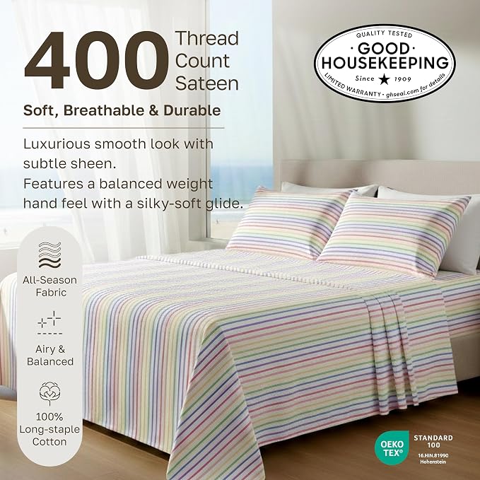 California Design Den Soft 100% Cotton Sateen Twin Size Bedsheets Set, 3 Pc | 400 Thread Count Backed by Good Housekeeping Seal, All-Around Elastic, Durable, Easy Care - Rainbow Stripe Print