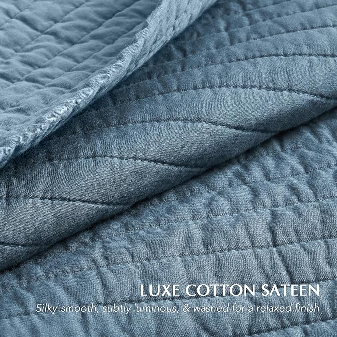 EVERGRACEHOME Cotton Sateen Quilt Set, King Size, Sonoma Blue | 100% Cotton, Channel Stitch Coverlet Bedspread, Pre-Washed Lightweight Soft Bedding Set for All Season, 3 Piece, with 2 Shams