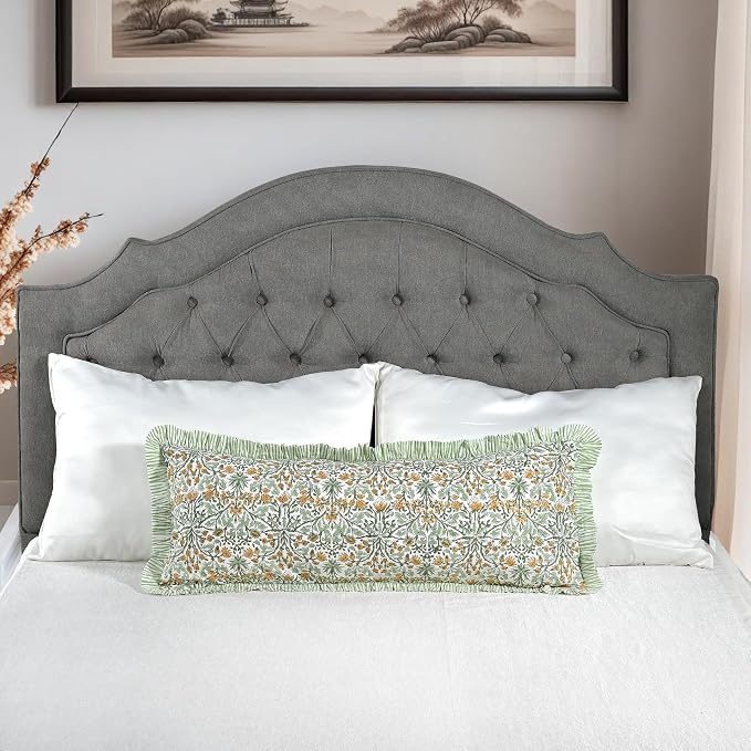 Ridhi Block Print Goldenrod Yellow Ruffle Lumbar Pillow Shams, 36" x 14" | 100% cotton, Floral Pillowcase, Cushion Cover, Hidden Zipper, Cottagecore Bedding, farmhouse boho style, fits couch, sofa,Bed