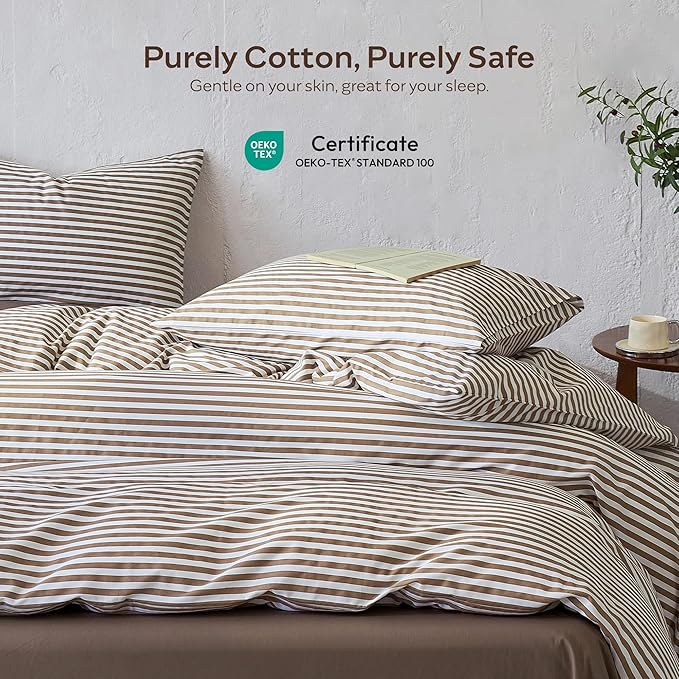 JELLYMONI 100% Cotton Printed Striped King Duvet Cover Set, Tan | Breathable and Soft, Classic Stripes, 8 Corner Ties & Double-Head Hidden Zipper, For Master or Guest Bedroom