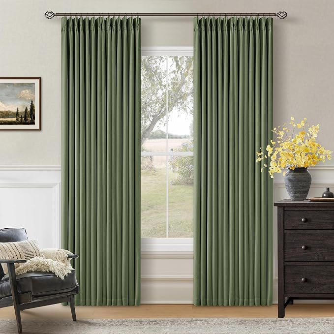 86 Inch Olive Green Linen Pinch Pleated Blackout Curtains with Liner | 100% Black Out, Pinch Pleat with Hooks Rings, Thick Linen Textured, Soundproof, Bedroom Living Room Window Curtains, Loden
