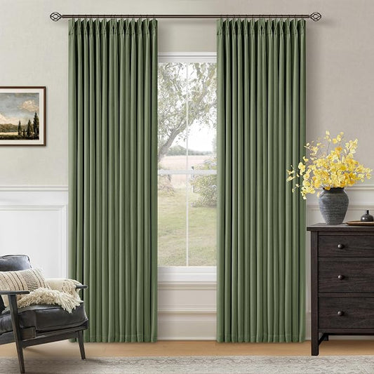 86 Inch Olive Green Linen Pinch Pleated Blackout Curtains with Liner | 100% Black Out, Pinch Pleat with Hooks Rings, Thick Linen Textured, Soundproof, Bedroom Living Room Window Curtains, Loden