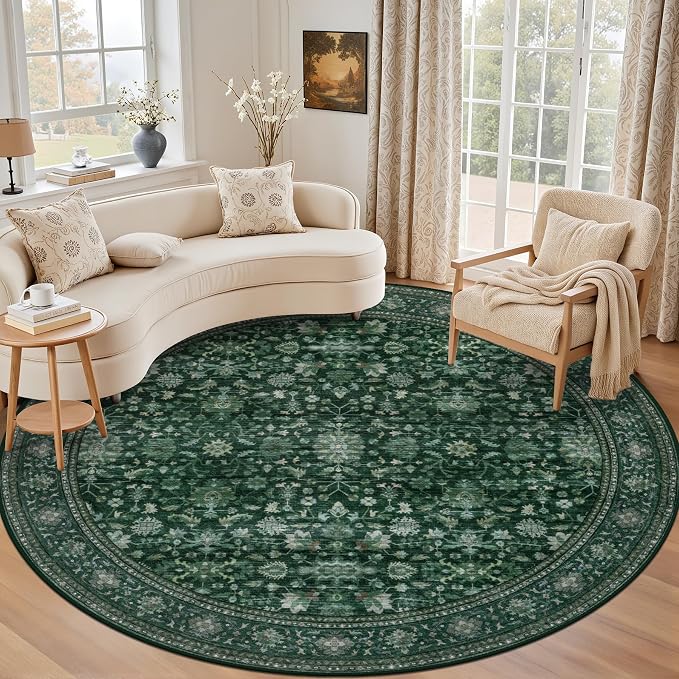 Round Area Rug for Living Room: 6ft Boho Washable Rug Deep Green | Vintage Boho Soft Round Rug Indoor Floor No Slip Carpet Stain Resistant Rugs for Bedroom Dining Room Nursery Home Office