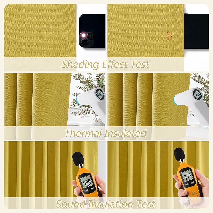100% Blackout Curtains 120 Inch Length 2 Panels Set for Living Room Bedroom Back Tab Thermal Insulated Black Out Linen Drapes Room Darkening Celery Yellow,52x120