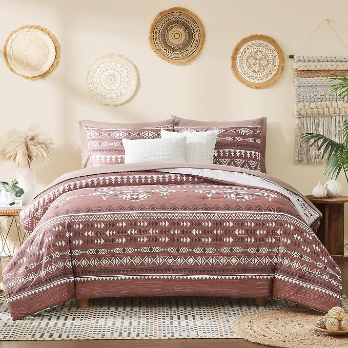 Full Size Comforter Sets - 7 Pieces Western Bedding Reversible Bed in a Bag | Boho Bedding, All Season Aztec Bed Set with Comforter, Sheets, Pillowcases & Shams, Burgundy