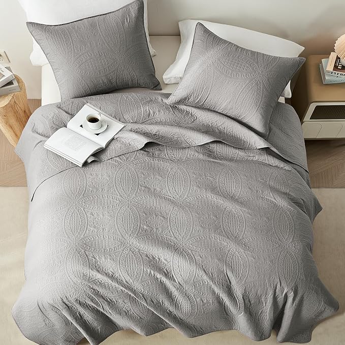 akkialla Queen Quilt Bedding Set,Grey Ultrasonic Full/Queen Quilt Set,Lightweight Soft Bedspread Coverlet,Modern Style Coin Pattern Bed Cover for All Seasons,3 Piece(1 Quilt,2 Pillow Shams)