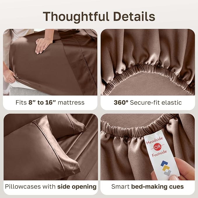 California Design Den Soft 100% Cotton Sateen Queen Size Sheets, 4 Pcs Set | 400 Thread Count Backed by Good Housekeeping Seal, 16" Deep Pocket, All-Around Elastic, Durable - Espresso Chocolate Brown