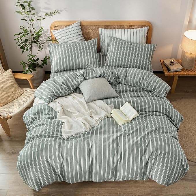 BESTOUCH Striped Cotton Duvet Cover Set Linen Feel Oversized King | 100% Washed Cotton, Soft Wrinkle Texture, Hidden Zipper, 8 Ties, Breathable Lightweight Durable Comfy, 3 Pcs No Insert